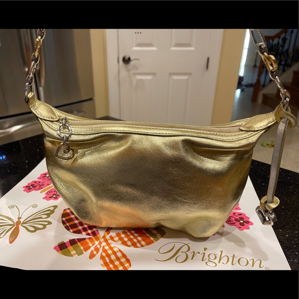 BRIGHTON GOLD METALLIC LEATHER CHAIN LINK STRAP SHOULDER BAG HANDBAG PURSE